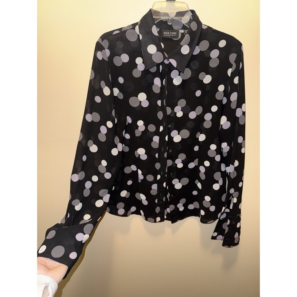 New York Company Women's Sheer Shirt Black Gray Poly Polka Dot Long Sleeve Large - Picture 2 of 6